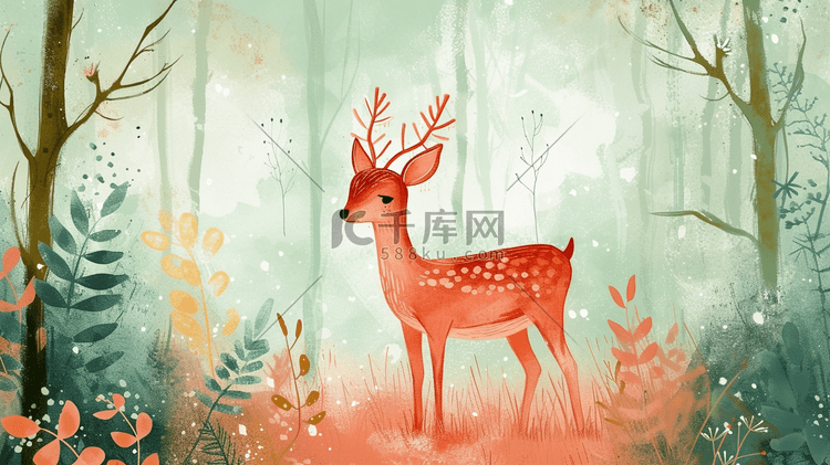 手绘卡通森林里小鹿的插画7