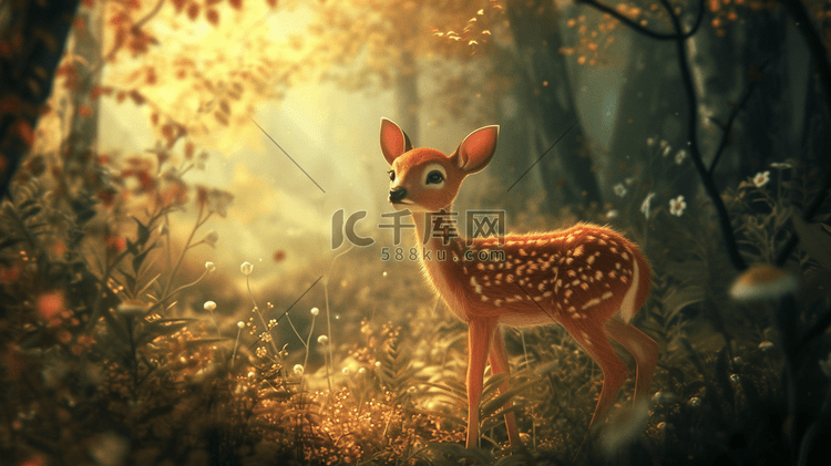 森林里阳光明媚下可爱小鹿的插画6
