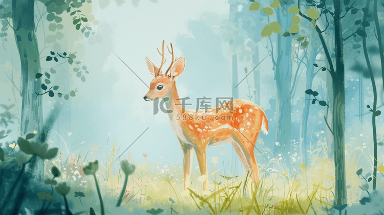 手绘卡通森林里小鹿的插画17