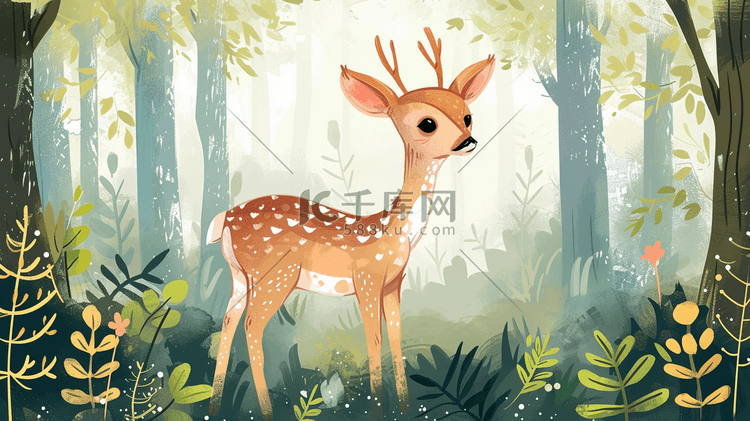 手绘卡通森林里小鹿的插画4