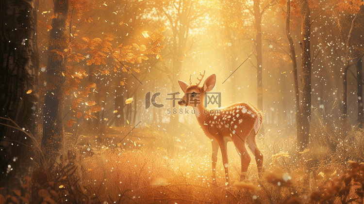 森林里阳光明媚下可爱小鹿的插画4