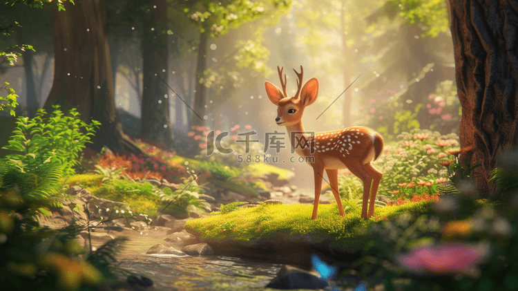 森林里阳光明媚下可爱小鹿的插画2