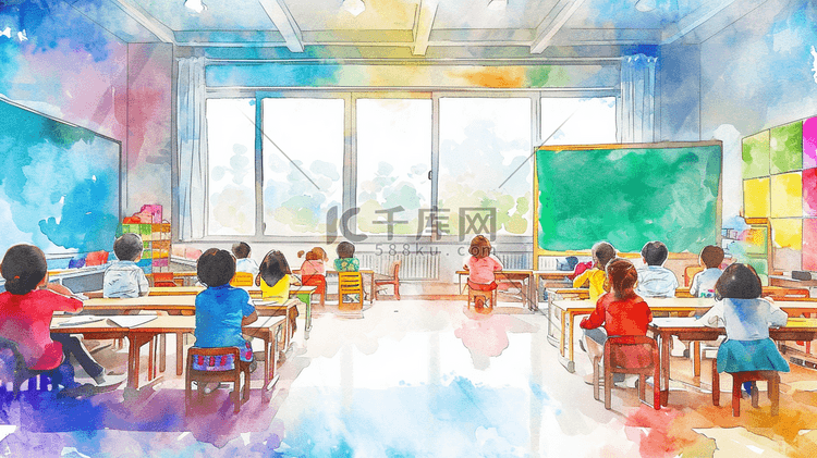 彩色水彩教室课堂桌椅的插画13