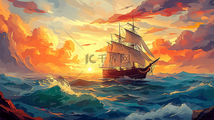 海洋里行驶的帆船插画1