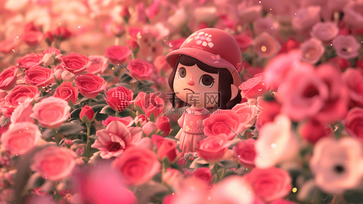 手绘简约女孩在红色花朵花园里的插画6