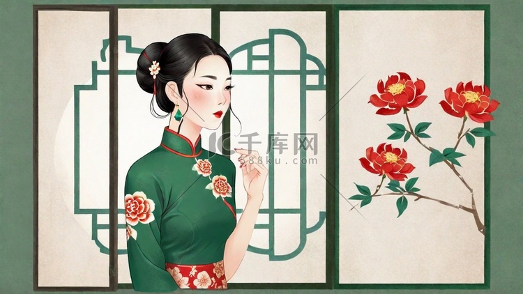 妇女节民国穿旗袍的优雅女性插画