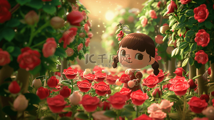 手绘简约女孩在红色花朵花园里的插画16