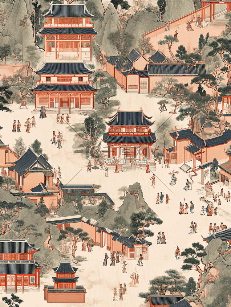 中式古代街道繁华平铺壁画的插画9
