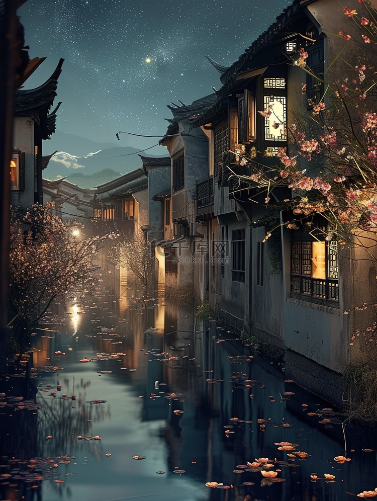 江南古镇春天雨夜夜景图片