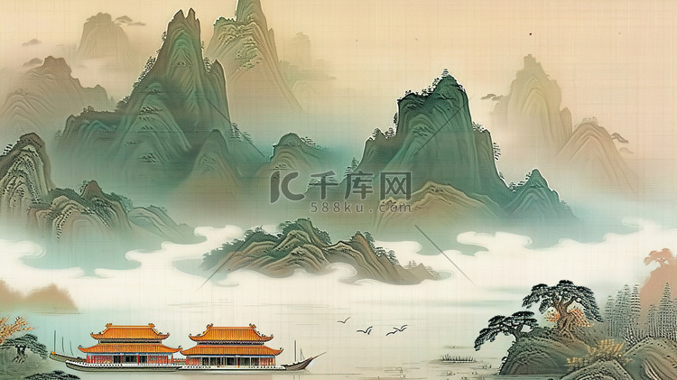 中国风古代山水画素材插画图片-千库网