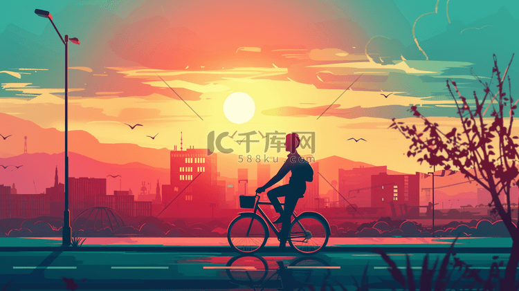简约扁平化夕阳下人们骑自行车的插画1