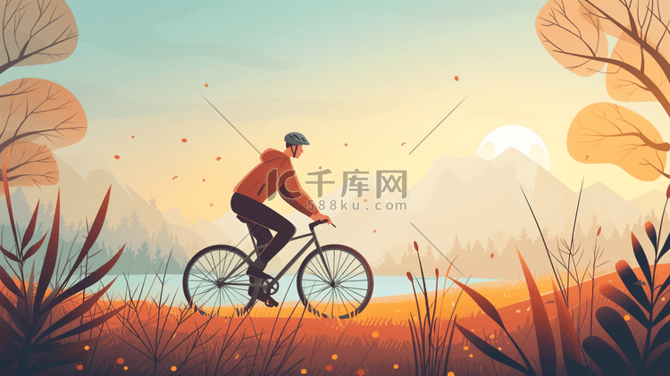 简约扁平化夕阳下人们骑自行车的插画7