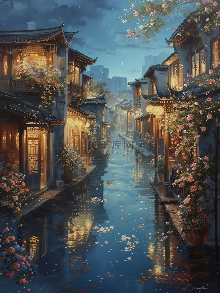 江南古镇春天雨夜夜景图片