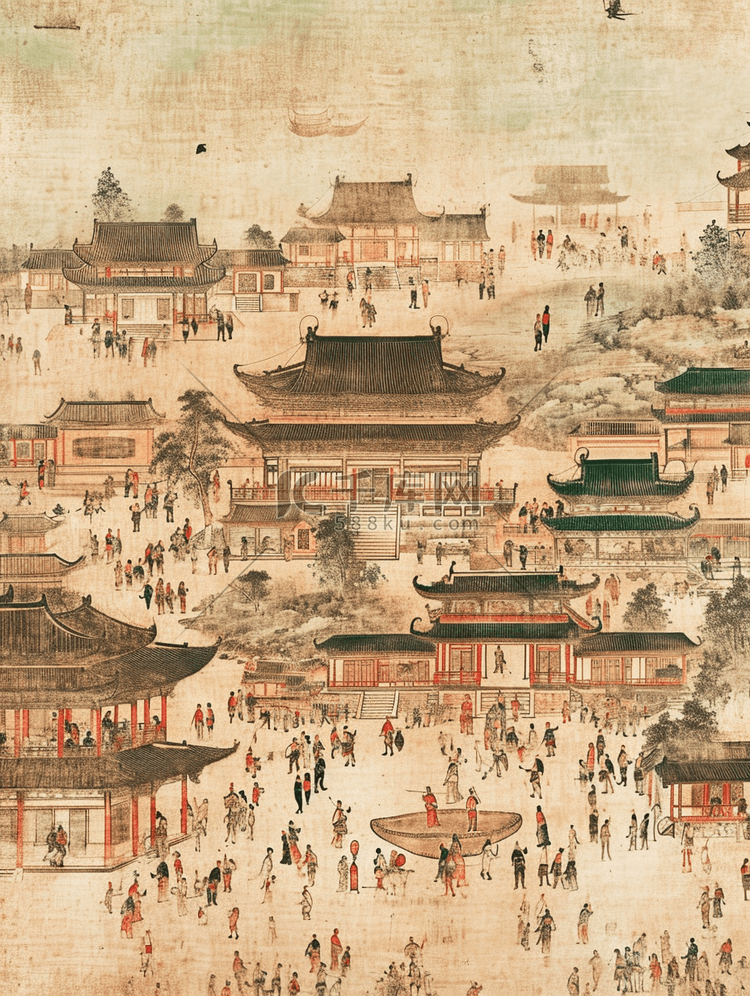 中式古代街道繁华平铺壁画的插画11
