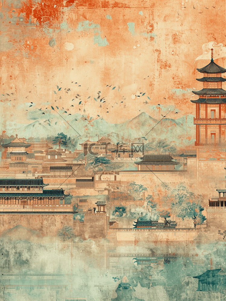 中式古代街道繁华平铺壁画的插画16