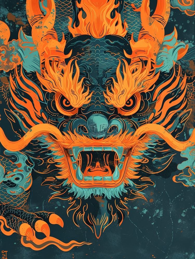 深青色橙色的龙中国龙原创插画