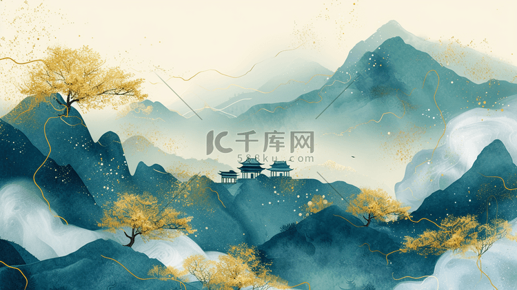 中式国风壁画山水风景的背景10素材