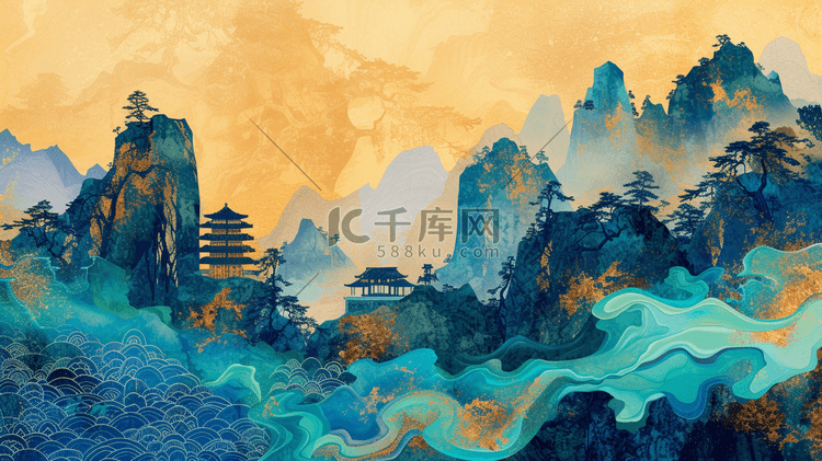 中式国风壁画山水风景的背景13插画