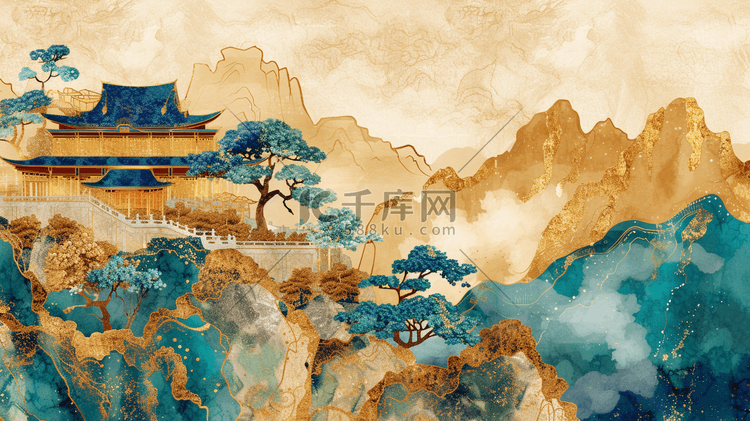 中式国风壁画山水风景的背景15矢量插画