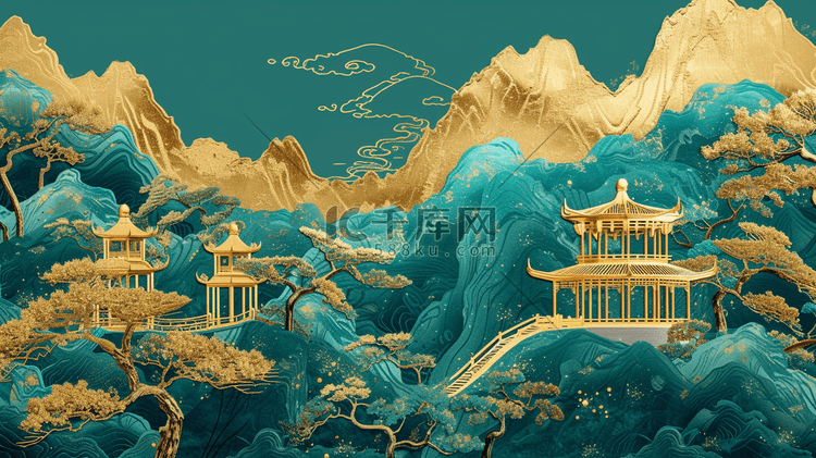 中式国风壁画山水风景的背景8插画
