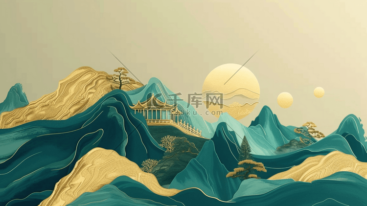 中式国风壁画山水风景的背景3原创插画