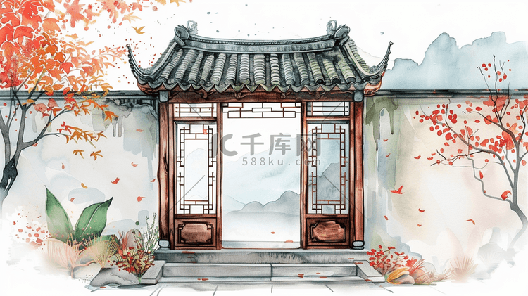 中式手绘国风庭院建筑灯笼的插画2