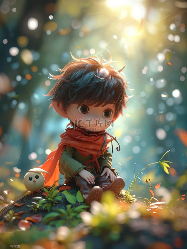 小男孩坐在春天的森林里插画素材