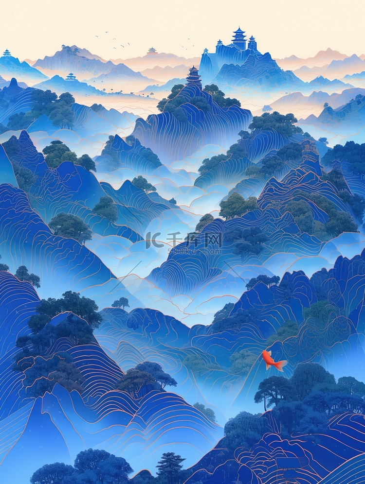 连绵起伏的山丘中国风插画