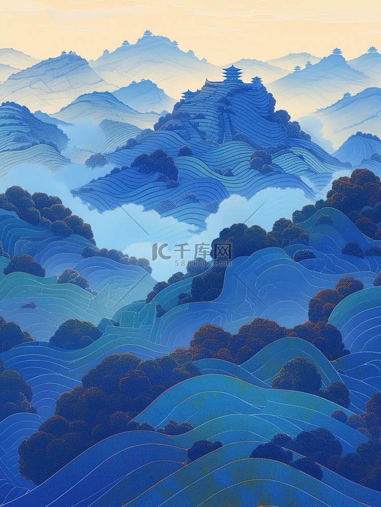 连绵起伏的山丘中国风插画