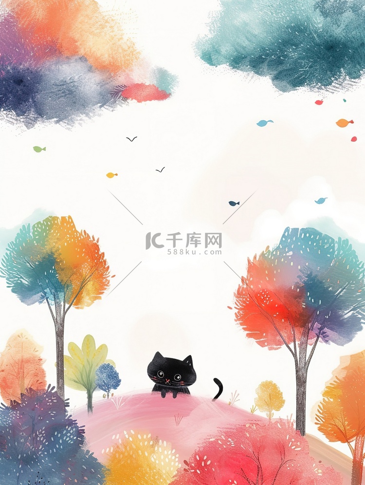 藏在彩云中的小黑猫原创插画