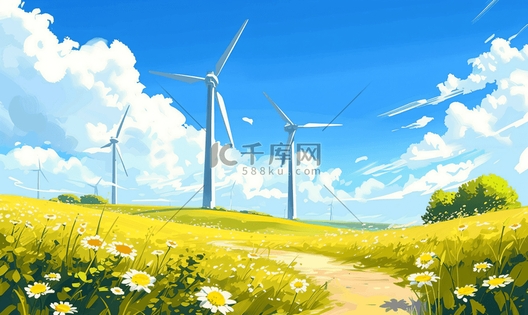 夏天田野中的风力发电机