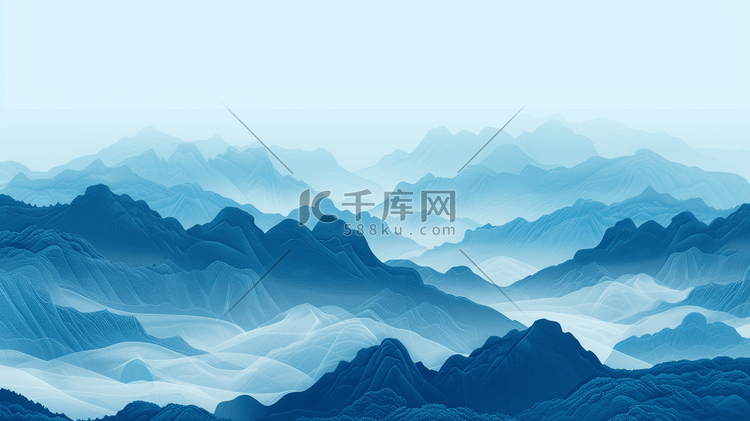 蓝色中国风山水风景插画15