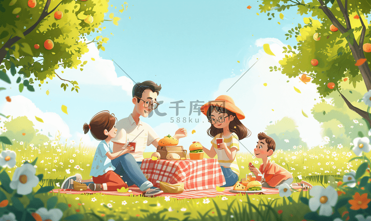 一家人户外野餐开心互动