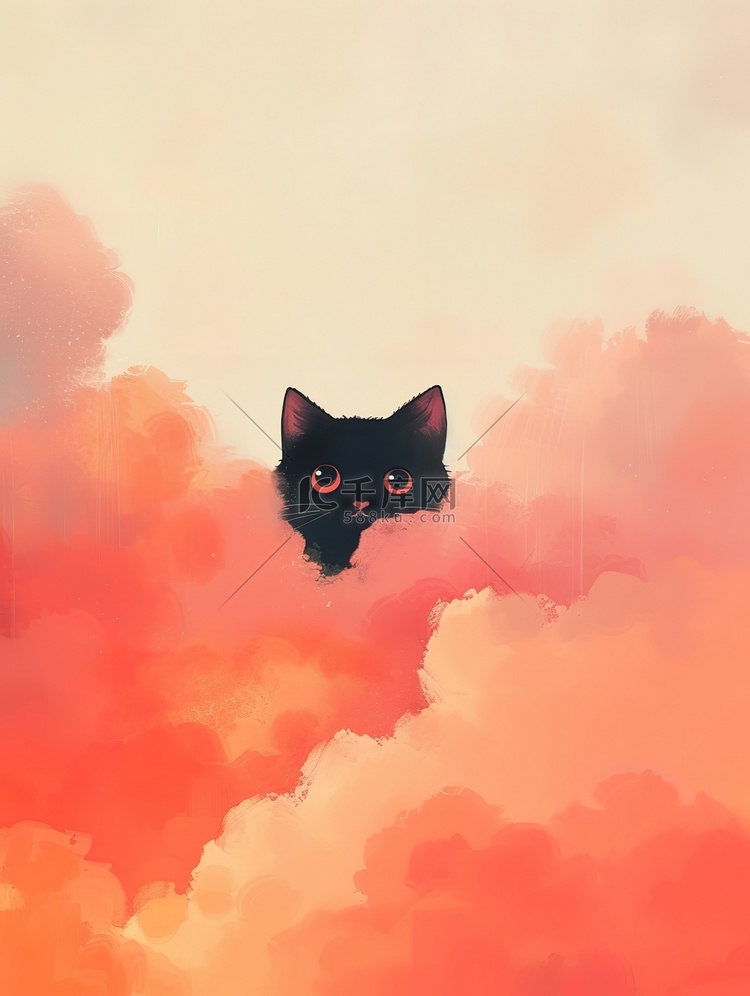 藏在彩云中的小黑猫插画图片