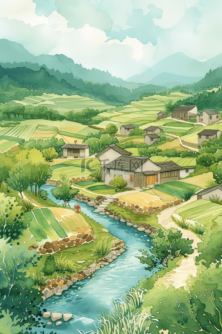 春天风景田间插画小溪手绘