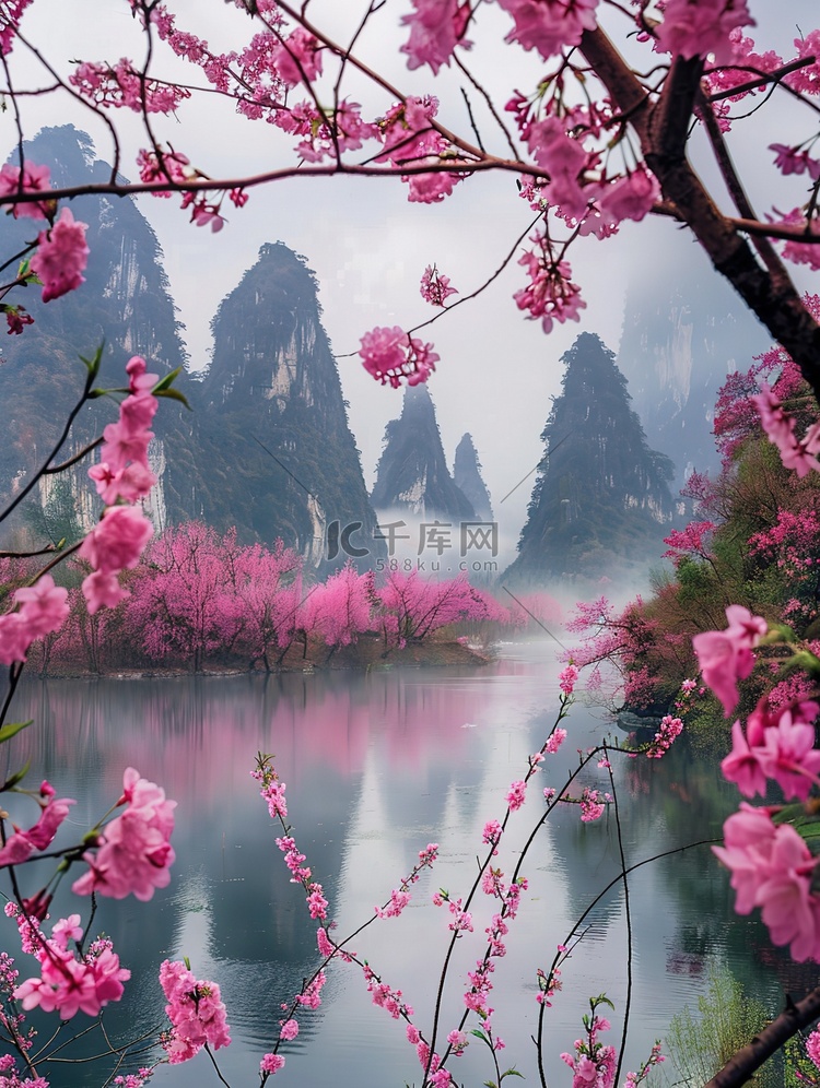 春天桃花盛开桂林山水插图