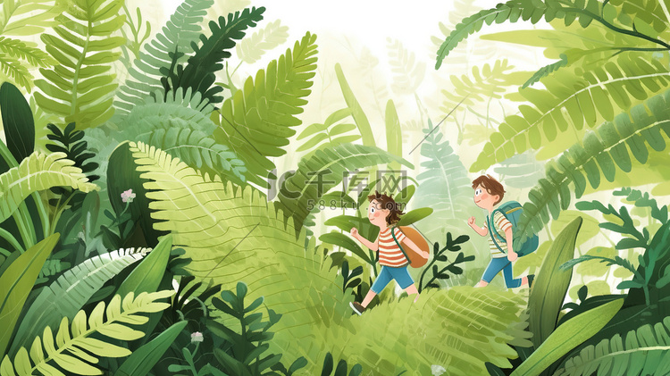 孩子们在森林徒步旅行插画海报