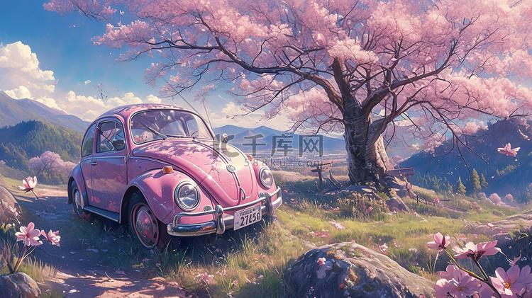 春天樱花树下粉红色汽车插画海报