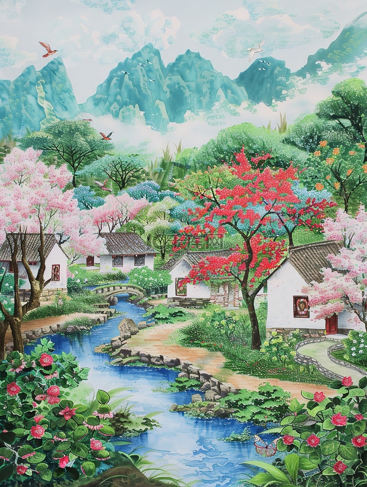 春天花朵绿树环绕村庄插画素材