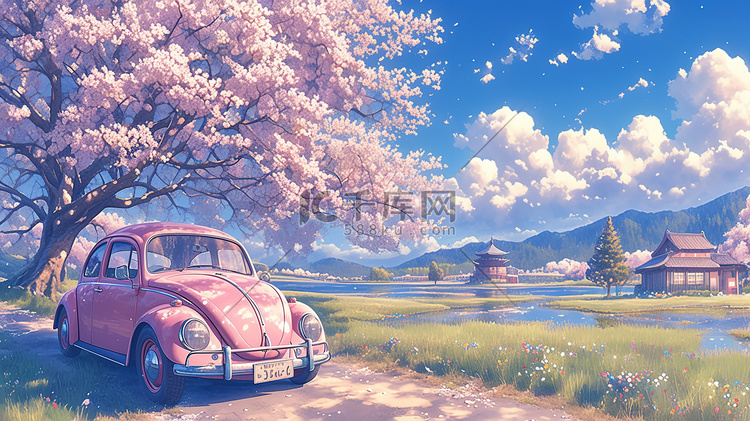 春天樱花树下粉红色汽车插画素材