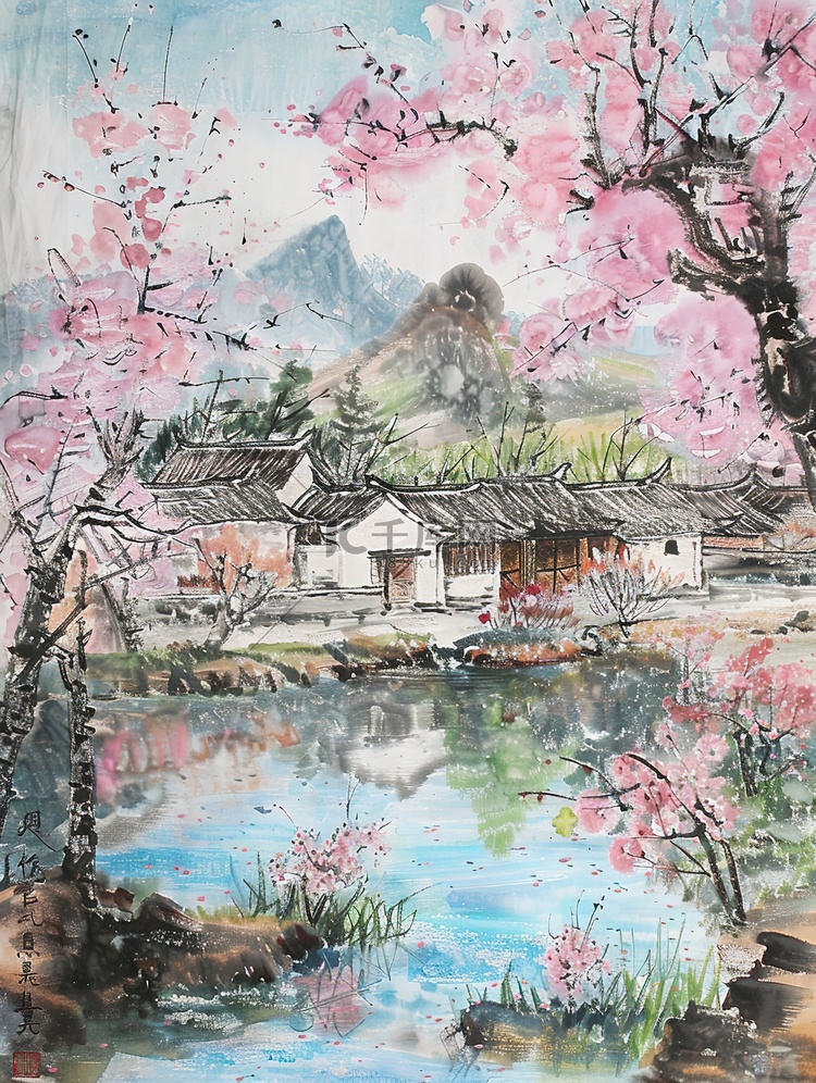 春天花朵绿树环绕村庄插画素材