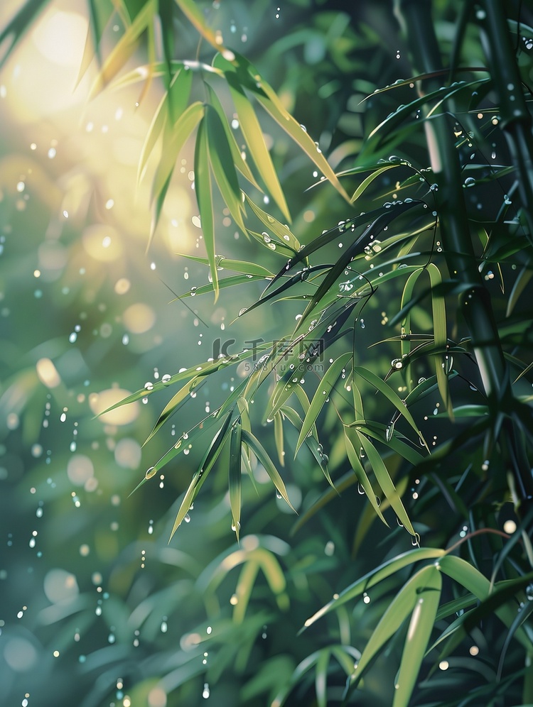 雨滴落在竹叶上春天雨水插画海报