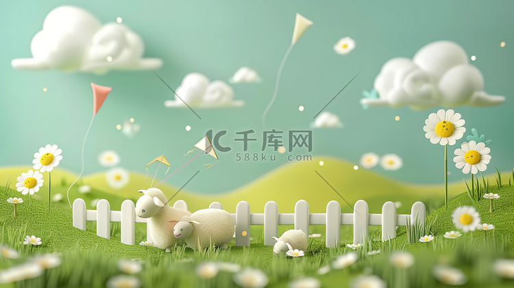 可爱的羊绿色草地3D卡通素材