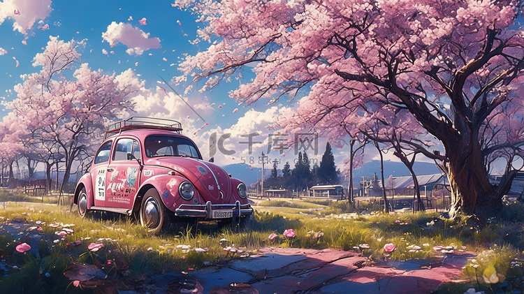 春天樱花树下粉红色汽车插画图片