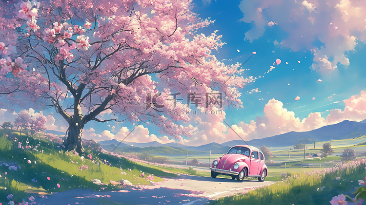 春天樱花树下粉红色汽车插画