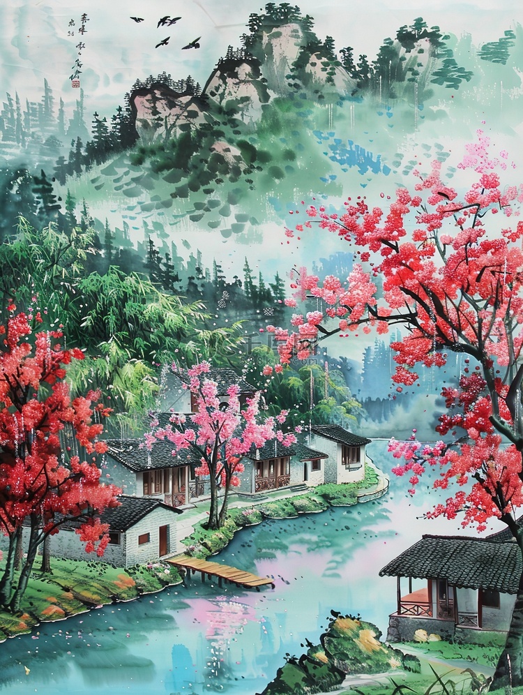 春天花朵绿树环绕村庄插画设计