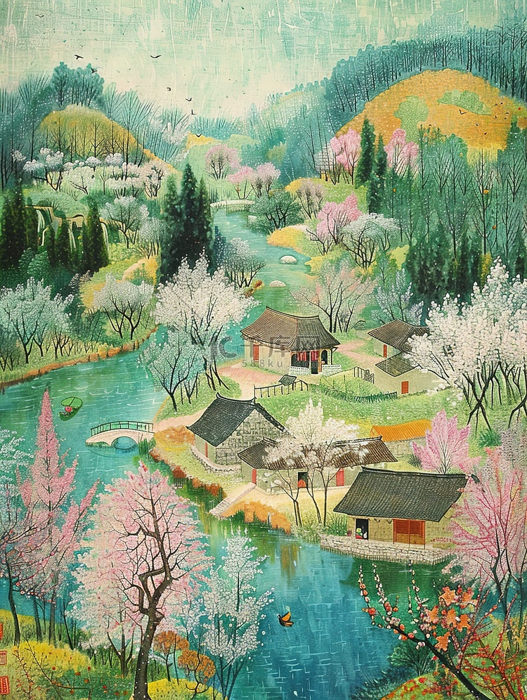 春天花朵绿树环绕村庄插画设计