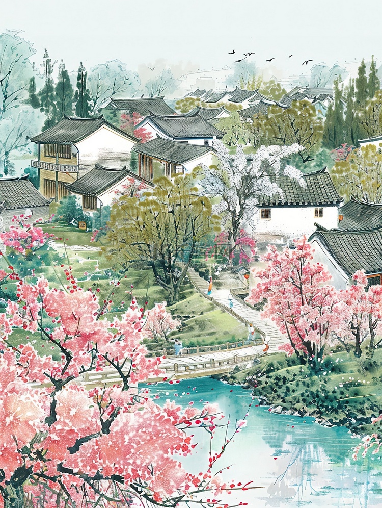 春天花朵绿树环绕村庄插图