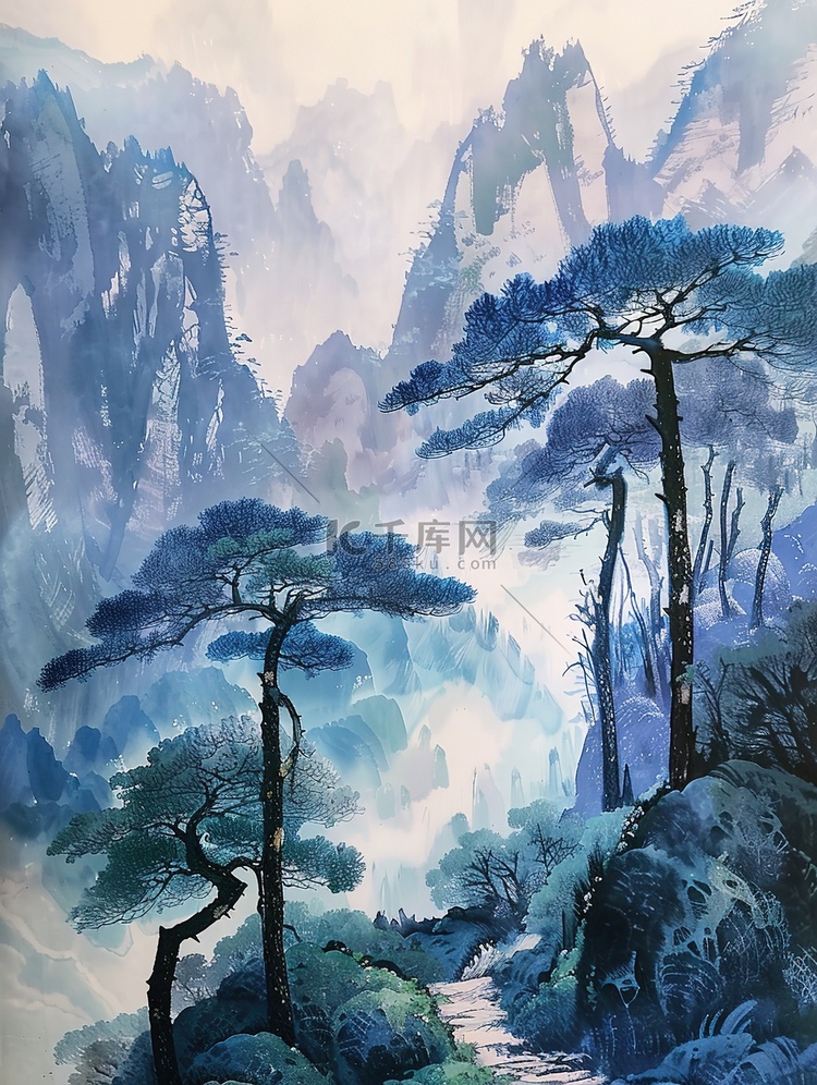 水墨画美丽山水画插画海报