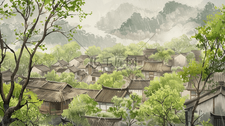 江南烟雨小镇风景插画2